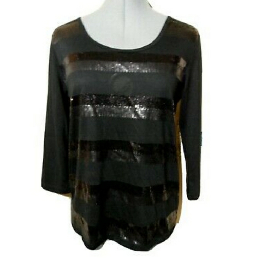 SLINKY BRAND Sequin T-shirt Top XS Black 3/4 slv